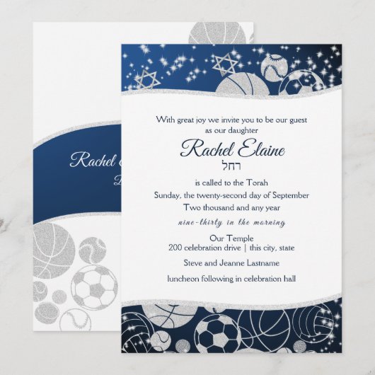 Invitation Tous les Bat mitzvah sportifs Silver et Blue (Devant / Derrière)