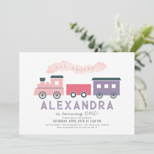 Invitation Tout à bord Train à vapeur rose fille 1er annivers (Debout devant)