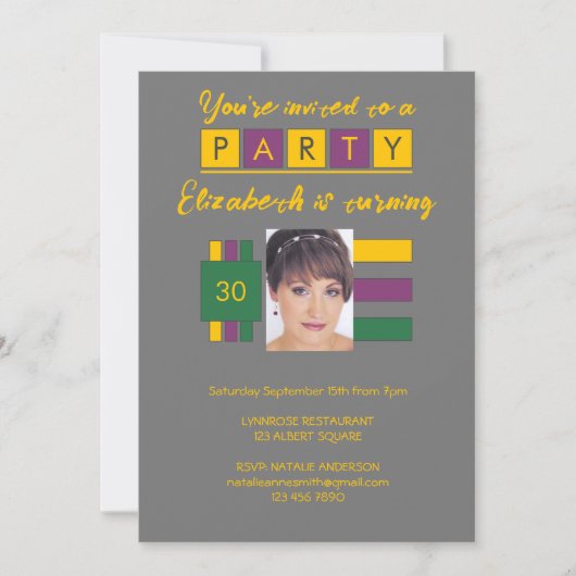 Invitation Tout âge ajouter nom photo vert gris fête d'annive (Devant)