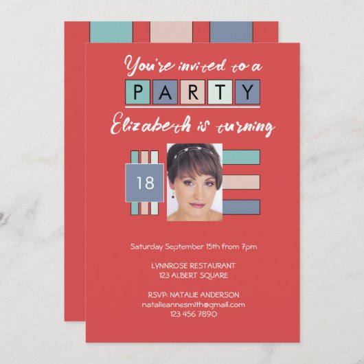 Invitation Tout âge ajouter photo nom rouge fête d'anniversai (Devant / Derrière)