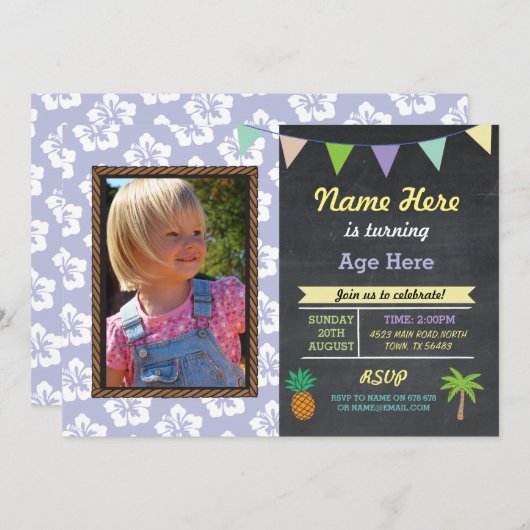 Invitation Tout âge Anniversaire Aloha Tropical Photo Party I (Devant / Derrière)