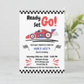 Invitation Tout Âge Anniversaire Course Sur Red Blue Race Car (Debout devant)