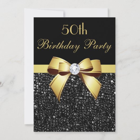 Invitation Tout âge Anniversaire Faux Séquins Bow Black Gold (Devant)
