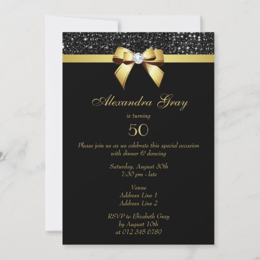 Invitation Tout âge Anniversaire Faux Séquins Bow Black Gold (Dos)