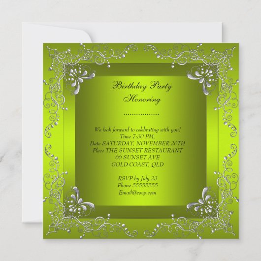 Invitation Tout âge Anniversaire Fête Chartreuse Jaune Vert (Dos)