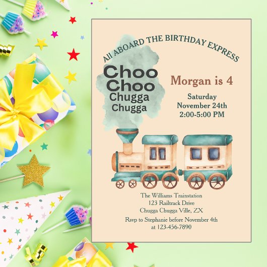 Invitation Tout âge Anniversaire Fête de train Tous à bord de