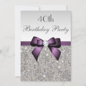 Invitation Tout âge Anniversaire Fête Silver Sequin Purple Bo (Devant)