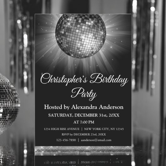 Invitation Tout âge Anniversaire Fête Silver Sparkle Disco Ba