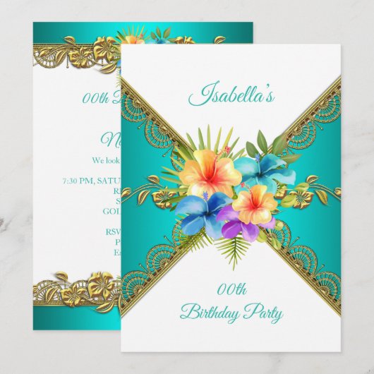 Invitation Tout âge Anniversaire Fête turquoise bleu or blanc (Devant / Derrière)
