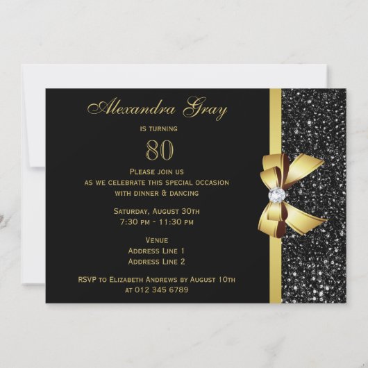 Invitation Tout âge Anniversaire Noir Faux Sequins Or Bow (Dos)