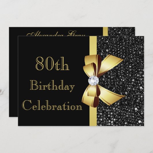 Invitation Tout âge Anniversaire Noir Faux Sequins Or Bow (Devant / Derrière)