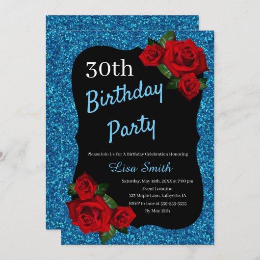 Invitation Tout âge Anniversaire Parties scintillant Bleue Ro (Devant / Derrière)
