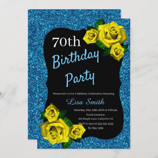 Invitation Tout âge Anniversaire Parties scintillant Bleue Ro (Devant / Derrière)