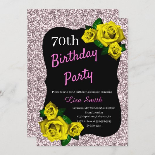 Invitation Tout âge Anniversaire Parties scintillant rose Ros (Devant / Derrière)