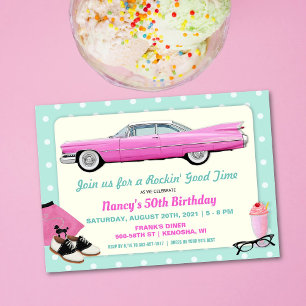 Invitation TOUT ÂGE - Anniversaire rétro Cadillac rose des an