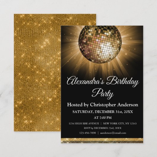 Invitation Tout âge Anniversaire Soirée Gold Sparkle Disco Ba (Devant / Derrière)
