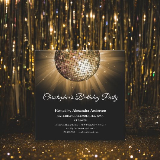 Invitation Tout âge Anniversaire Soirée Gold Sparkle Disco Ba