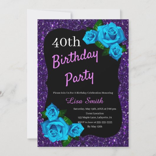 Invitation Tout âge Anniversaire Violet Parties scintillant B (Devant)