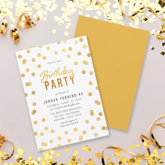 Invitation Tout âge Blanc & Faux Gold Confetti fête d'anniver