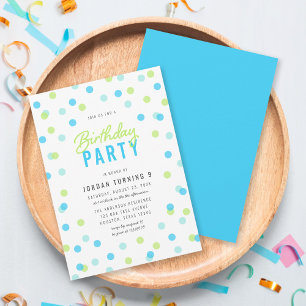 Invitation Tout Age Blue Aqua Green Confetti fête d'anniversa