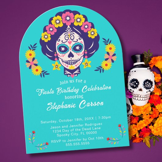 Invitation Tout âge brillant Floral Sugar Skull Anniversaire