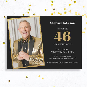 Invitation Tout âge Elegant Black Gold Photo Anniversaire