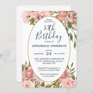 Invitation Tout âge Élégant Floral Rose Blush Or Anniversaire