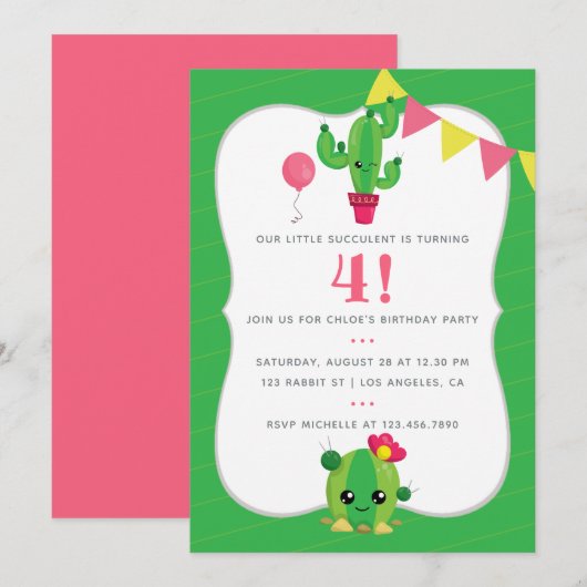Invitation Tout âge Enfants Cactus thème Anniversaire Invitat (Devant / Derrière)