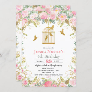 Invitation TOUT ÂGE - Floral Birdcage Girl Birthday Invitatio