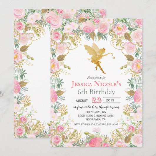 Invitation TOUT ÂGE - Floral Fairy Girl Anniversaire Invitati (Devant / Derrière)