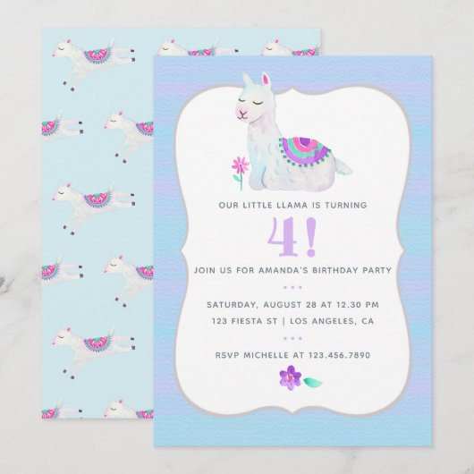 Invitation Tout âge Llama Anniversaire de enfant Party Invita (Devant / Derrière)