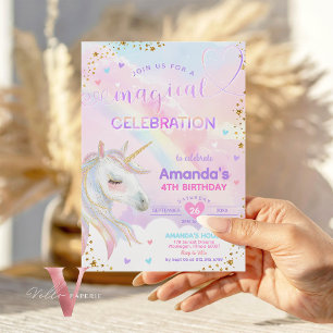 Invitation Tout âge Magique Arc-en-ciel Unicorn Or Anniversai