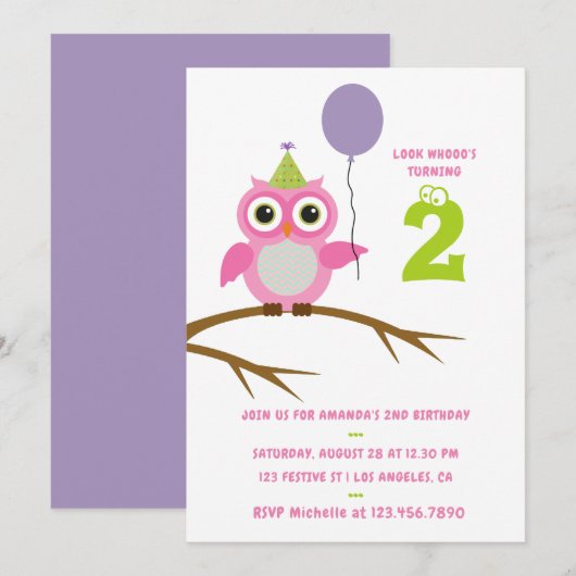 Invitation Tout âge mignon hibou bébé ou petite fille enfant (Devant / Derrière)