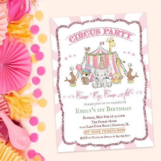 Invitation TOUT ÂGE - Mignonne cirque rose Anniversaire Invit