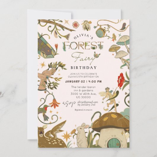 Invitation Tout âge Mushroom Forest Fée fille anniversaire (Devant)