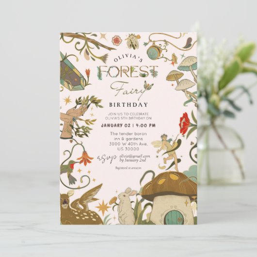 Invitation Tout âge Mushroom Forest Fée fille anniversaire (Debout devant)