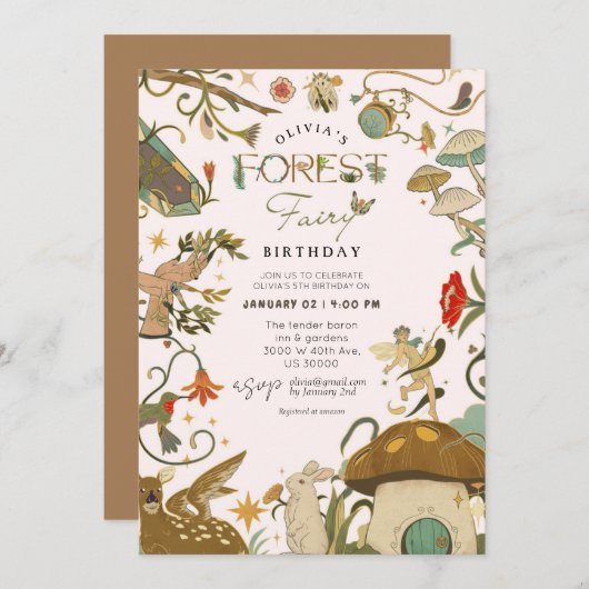 Invitation Tout âge Mushroom Forest Fée fille anniversaire (Devant / Derrière)