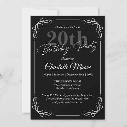 Invitation Tout âge Noir et Blanc Anniversaire Moderne (Devant)