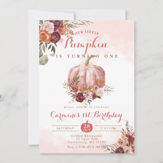 Invitation TOUT ÂGE Petit Citrouille Bourgogne Rose Anniversa (Devant)