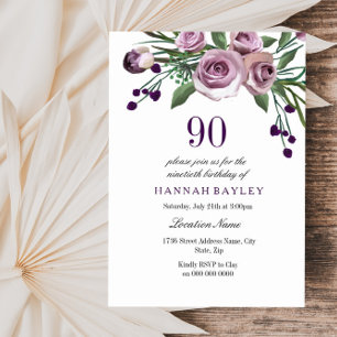 Invitation Tout âge Plum pourpre Rose 90e anniversaire Invita
