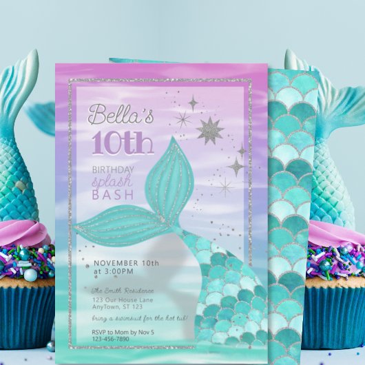 Invitation TOUT ÂGE Sirène Splash Bash Purple Turquoise Anniv