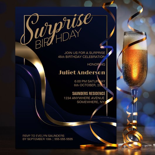 Invitation Tout âge Surprise Blue Gold fête d'anniversaire