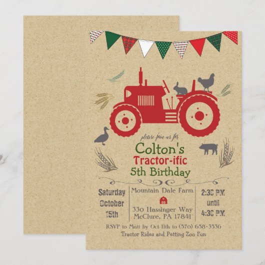 Invitation TOUT ÂGE - Tracteur Animaux de ferme Anniversaire  (Devant / Derrière)