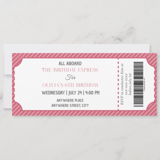 Invitation Tout âge train thème fille anniversaire (Dos)