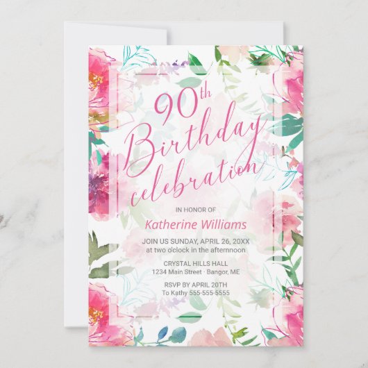 Invitation Tout âge Tropical Floral Peony rose 90e anniversai (Devant)