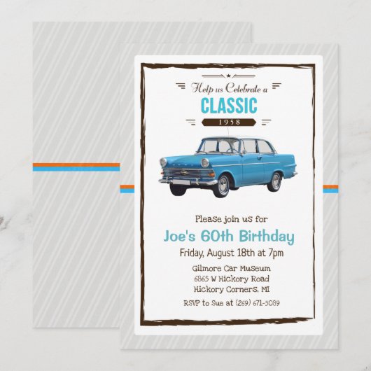 Invitation TOUT ÂGE - Voiture classique Vintage Anniversaire (Devant / Derrière)
