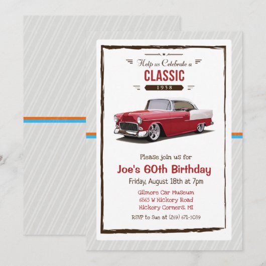 Invitation TOUT ÂGE - Voiture classique Vintage Anniversaire  (Devant / Derrière)