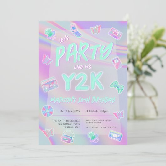 Invitation TOUT AGE Y2K iridescendance rainbow fête d'anniver (Debout devant)