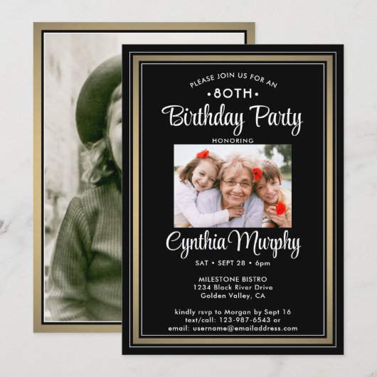 Invitation TOUT Anniversaire 2 Photo Black, White et Gold Par (Devant / Derrière)