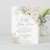 Invitation Tout blanc baby shower argent blanc blanc floral (Debout devant)